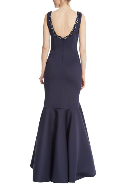 Beaded scoop neck sleeveless bodycon zipper closure slit front ruffled trumpet Prom Dresses