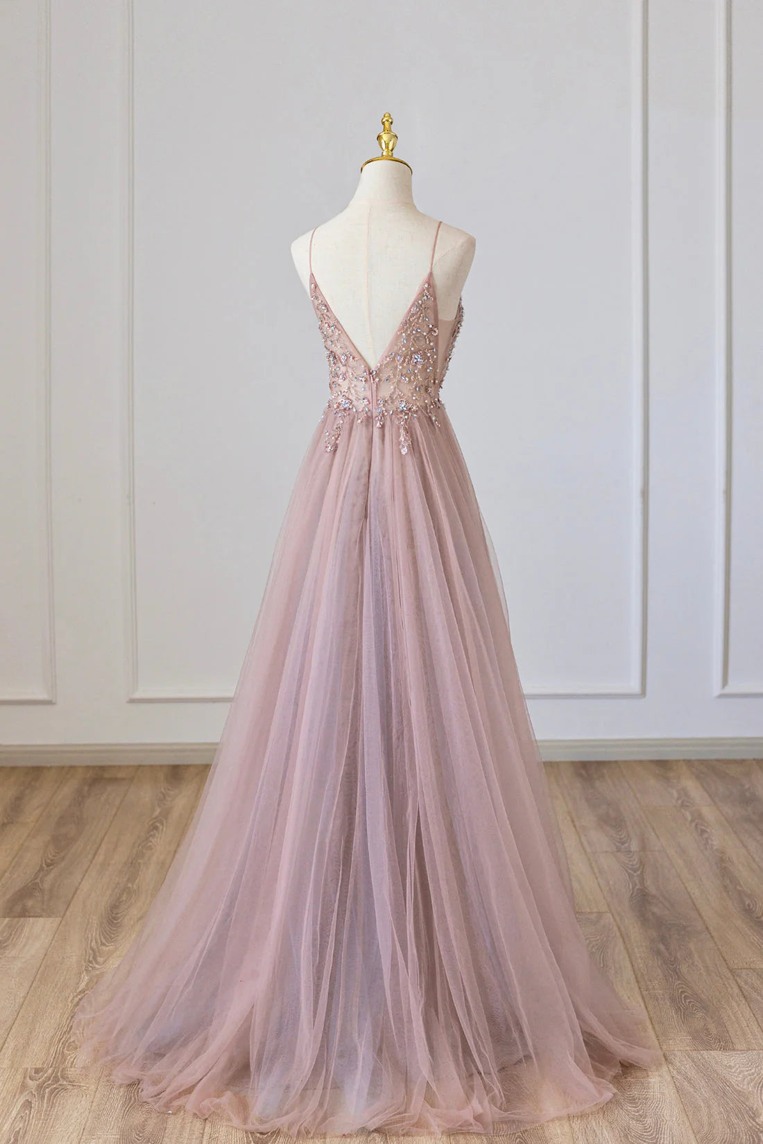 OKBBN chiffon long A-line thin shoulder strap beaded ball gown