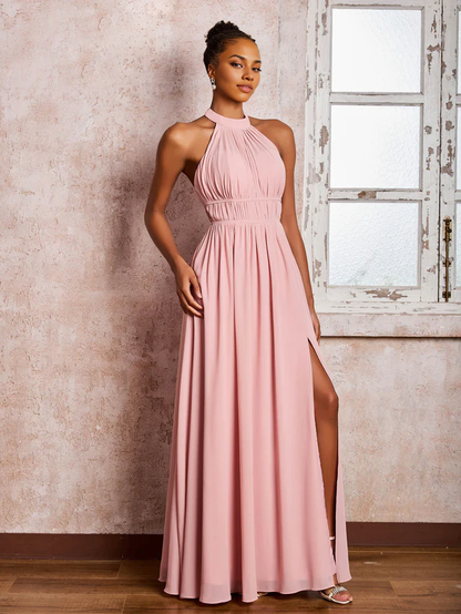 OKBBN pleated neck hanging chiffon split bridesmaid dress