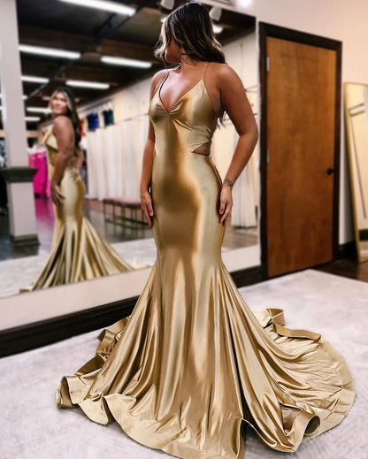 OKBBN Elegant Long Mermaid V-neck Bareback Ball Dress