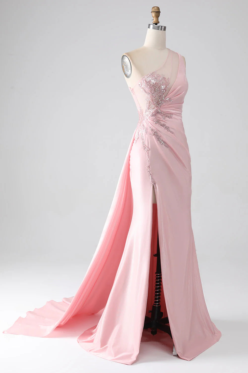 OKBBN Mermaid One Shoulder sequin applique pleated slit long dance dress