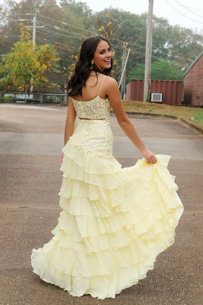 OKBBN Cute A-line Round Neck Layered Chiffon Long Split Ball Dress