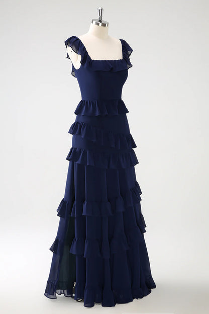 OKBBN A-line layered chiffon long bridesmaid dress