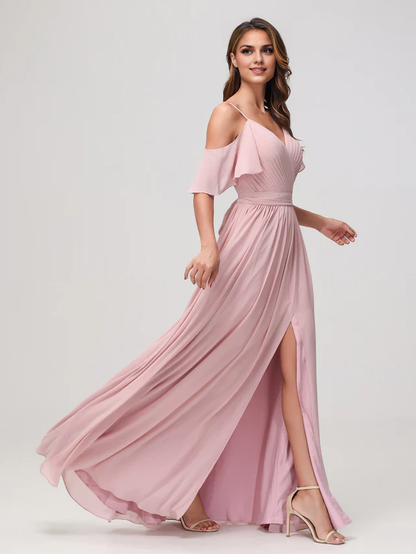 OKBBN off shoulder A-line pleated chiffon shorts bridesmaid dress
