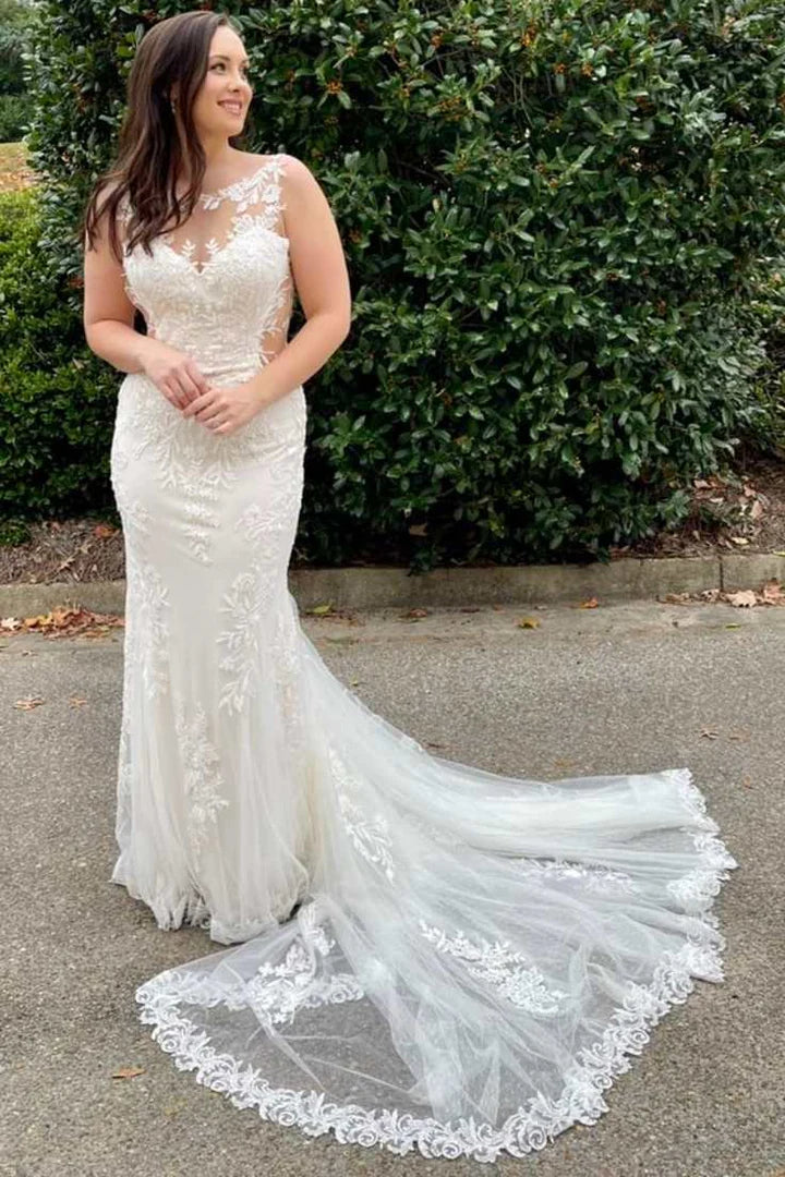 Lace Illusion Neck Mermaid Long Bridal Gown
