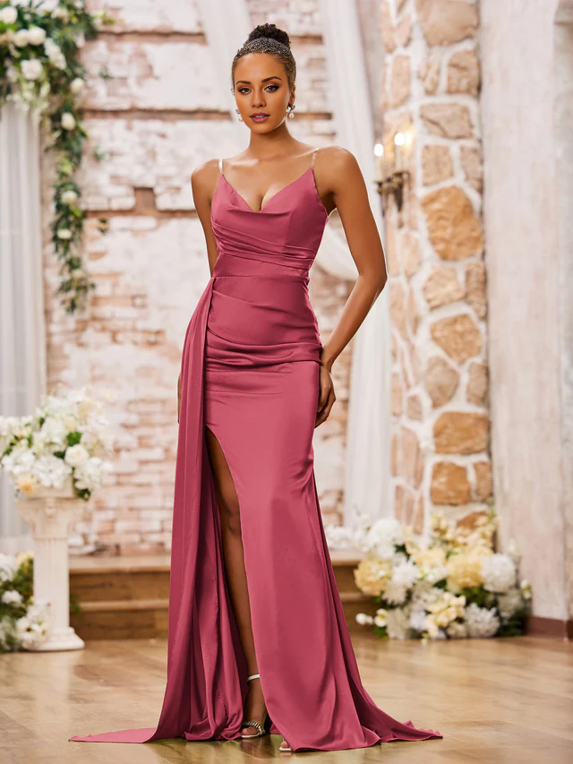 OKBBN tight slim shoulder strap soft satin sexy slit bridesmaid dress