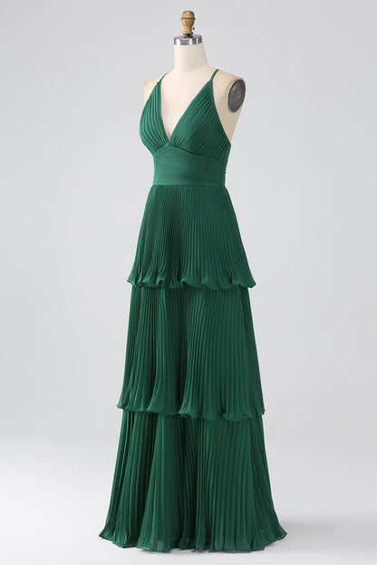 OKBBN A-line multi-layer chiffon pleated bridesmaid dress