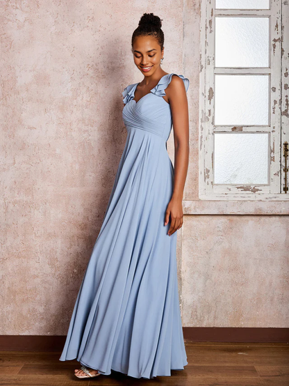 OKBBN ruffled shoulder strap long chiffon bridesmaid dress