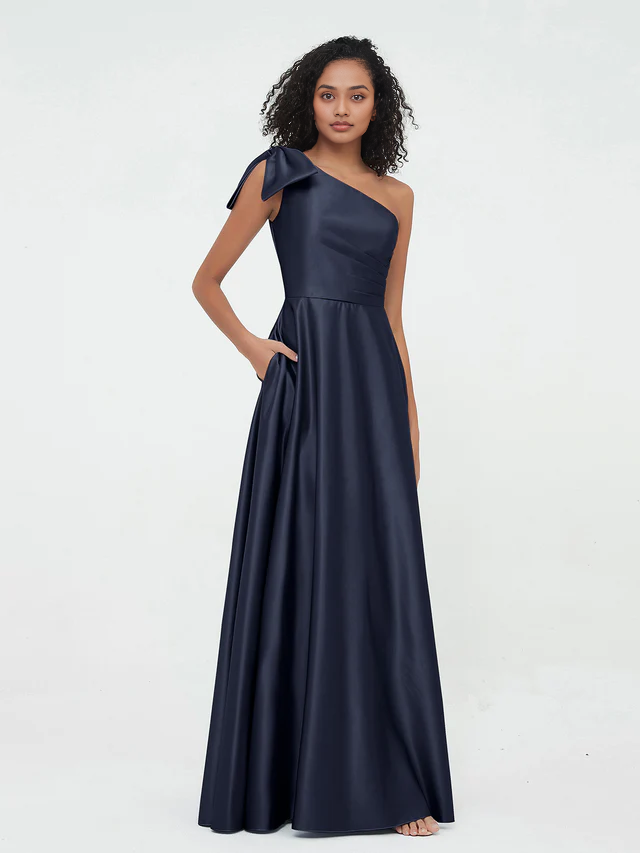 OKBBN One Shoulder Long Satin Sleeveless Bridesmaid Dress
