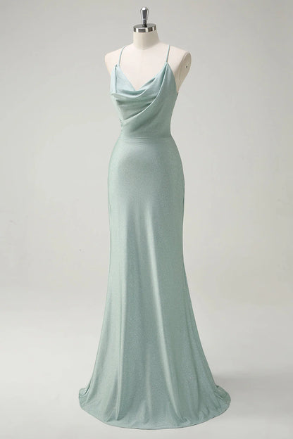 OKBBN mermaid slim shoulder strap pleated long sleeveless evening gown
