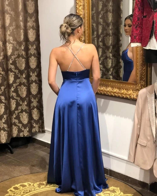 OKBBN Simple A-line Long Front Split Strap Ball Dress