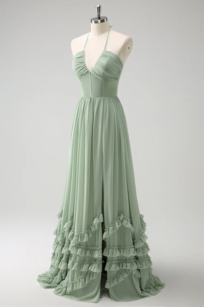 OKBBN elegant A-line backless pleated chiffon lotus leaf side length slit Bridesmaid Dresses