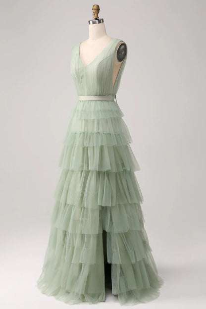 OKBBN pleated layered slit backless ball gown