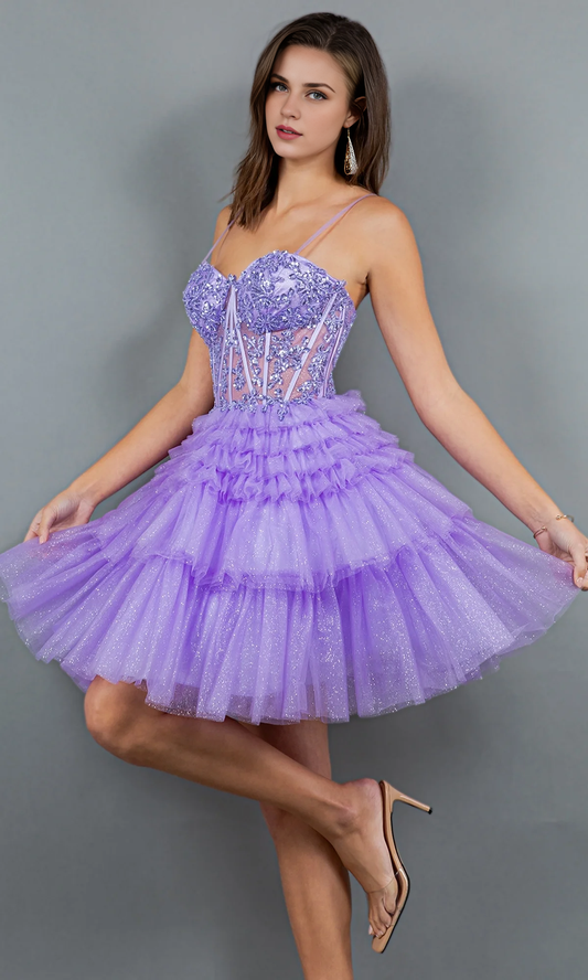 OKBBN's gorgeous short A-line semi formal beaded embroidery see through heart-shaped tight corset back to school dress