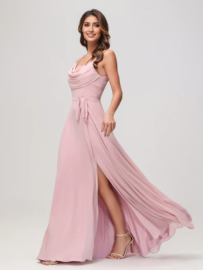 OKBBN sexy scarf collar pleated chiffon slit bridesmaid dress