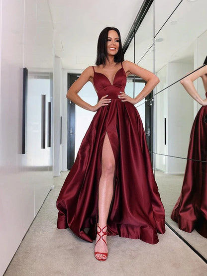 OKBBN A-line Elegant Ruffle V-neck Satin Sleeveless Ball Dress