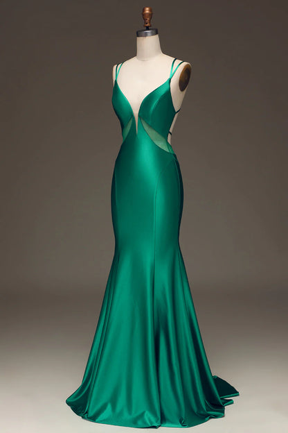 OKBBN mermaid slim shoulder strap deep V-neck satin long ball dress