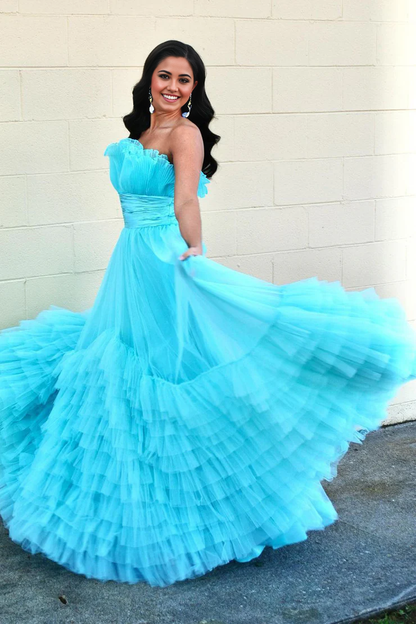 OKBBN Cute Off Shoulder Ruffle Layered Chiffon Long Ball Dress