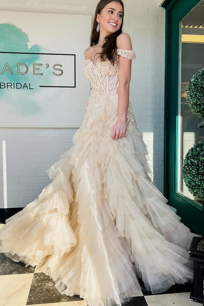 OKBBN A-line off shoulder layered chiffon long ball gown