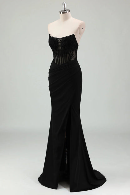 OKBBN mermaid tight corset, off shoulder pleated long slit evening gown