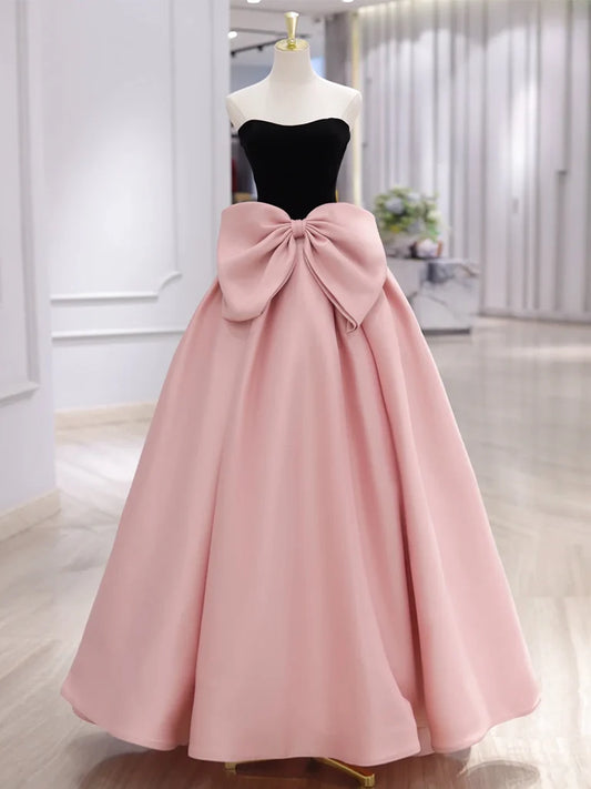 A-Line Sweetheart Neck Satin Velvet Pink Long Evening Dress Pink Long Formal Dress