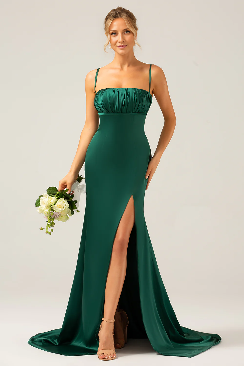 OKBBN mermaid thin shoulder strap satin long pleated bridesmaid dress