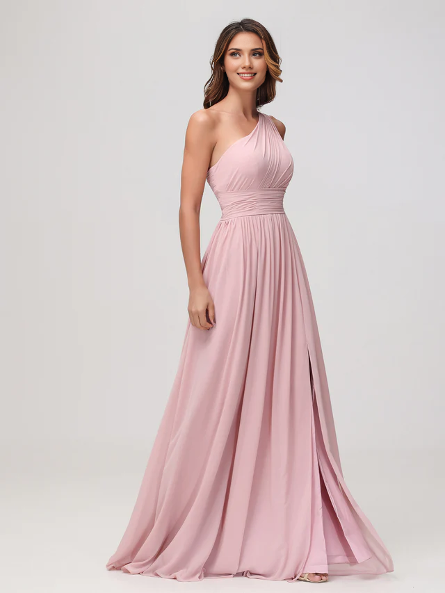 OKBBN One Shoulder Sleeveless Chiffon A-line Bridesmaid Dress