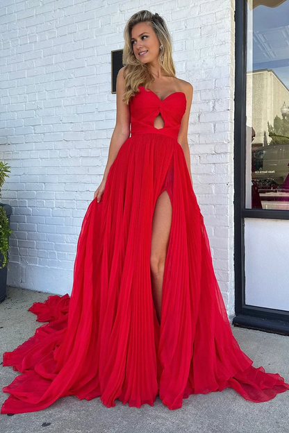 OKBBN A-line sweetheart pleated chiffon slit long ball dress
