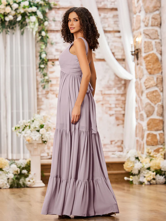 OKBBN A-line V-neck cross pleated layered bridesmaid dress