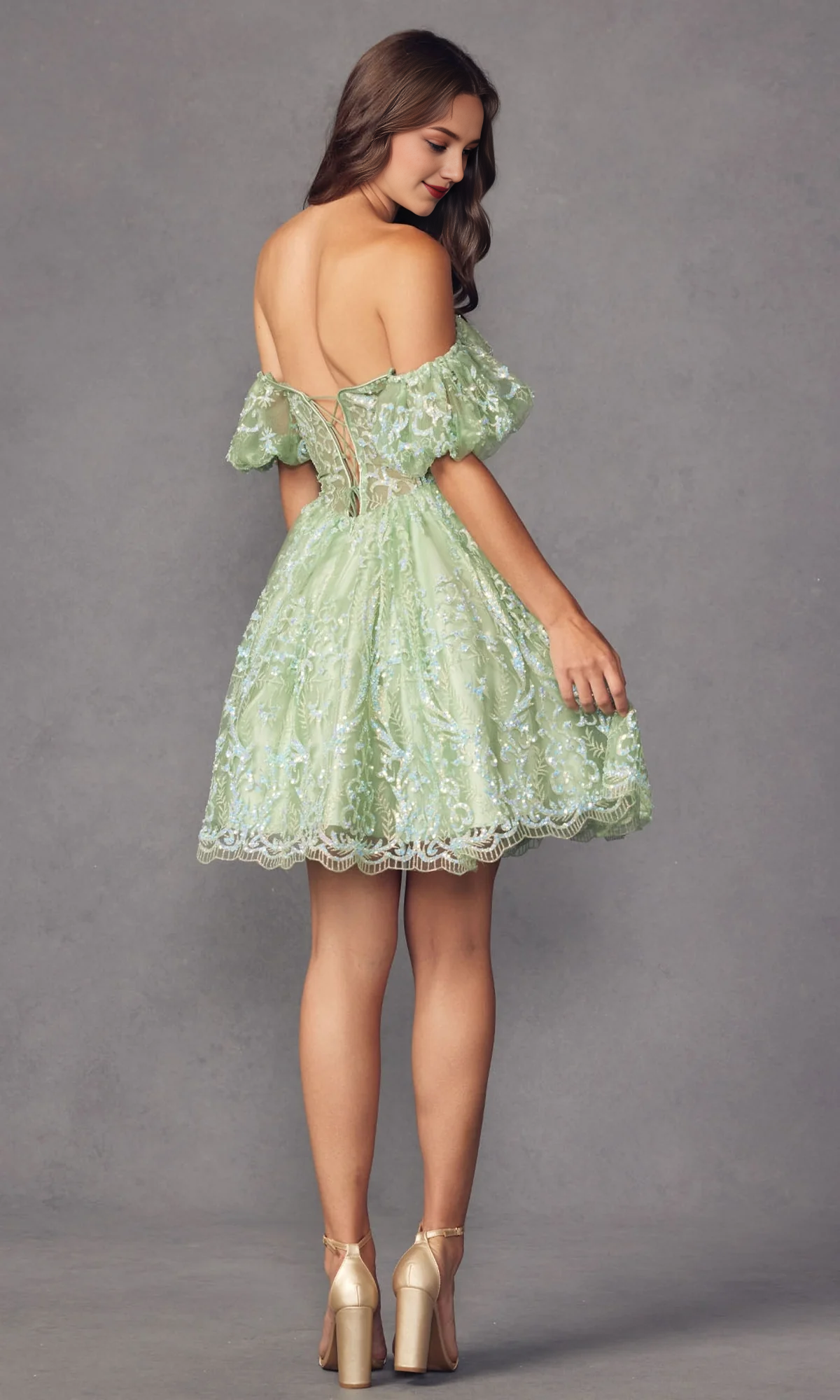 OKBBN off shoulder short A-line heart-shaped neckline sequins see through tight corset Homecoming Dresses