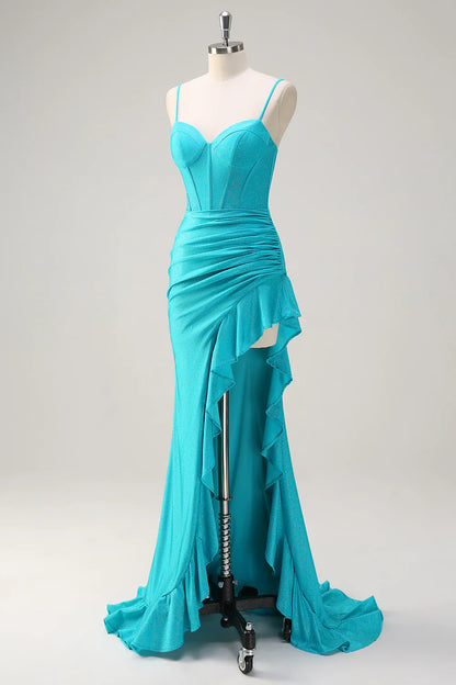OKBBN mermaid slim shoulder strap pleated tight corset slit ball dress