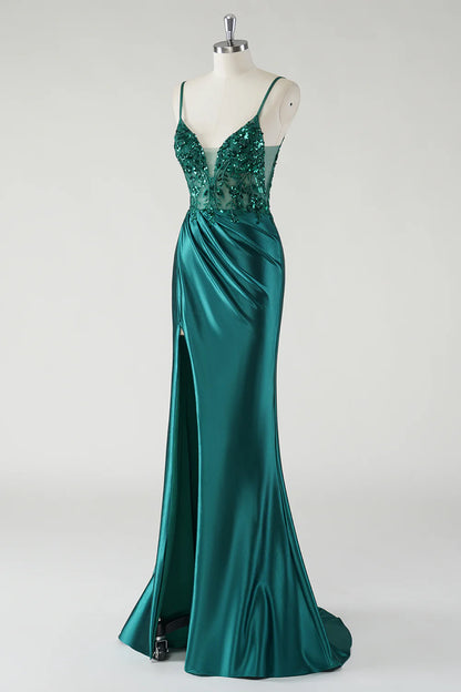 OKBBN Elegant Fine Strap Floral Satin Split Evening Dress