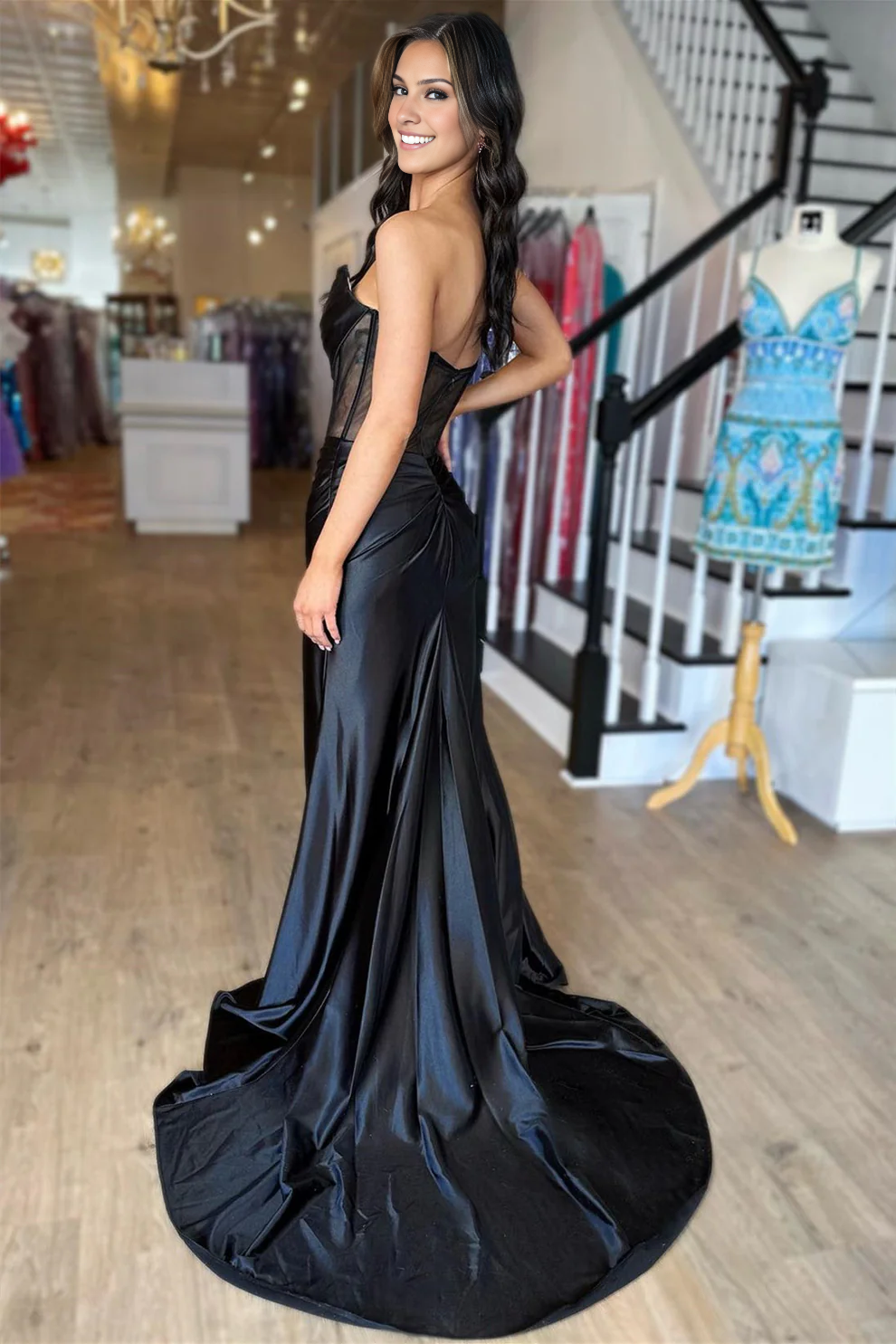 OKBBN off shoulder pleated rubber bone see through slit long ball gown