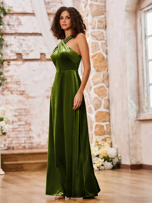 OKBBN Velvet Sleeveless Long Bridesmaid Dress