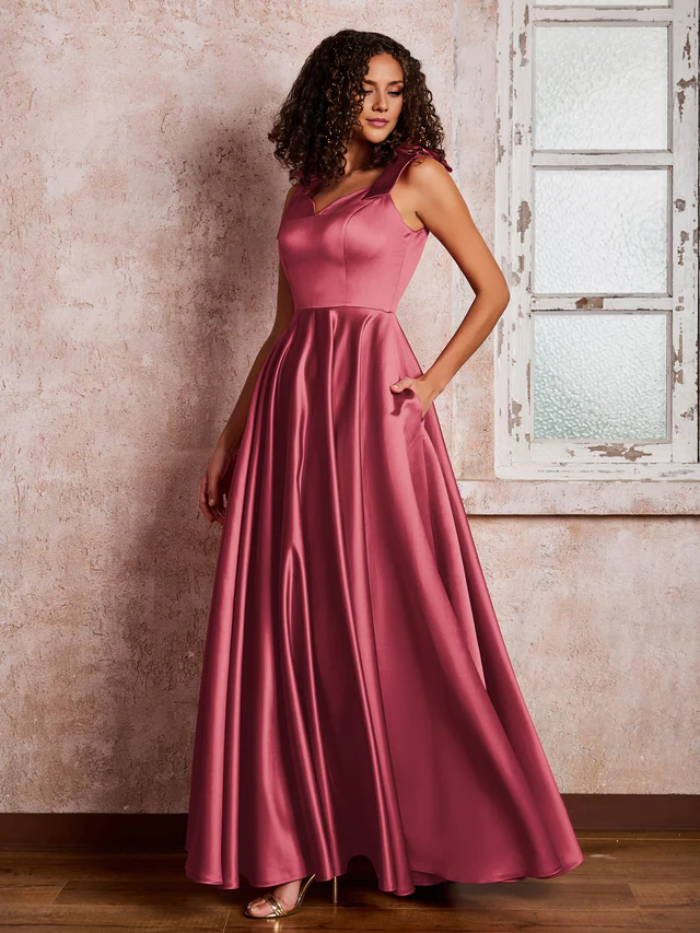 OKBBN V-neck and shoulder bow satin bridesmaid dress