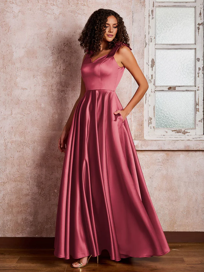 OKBBN V-neck and shoulder bow satin bridesmaid dress