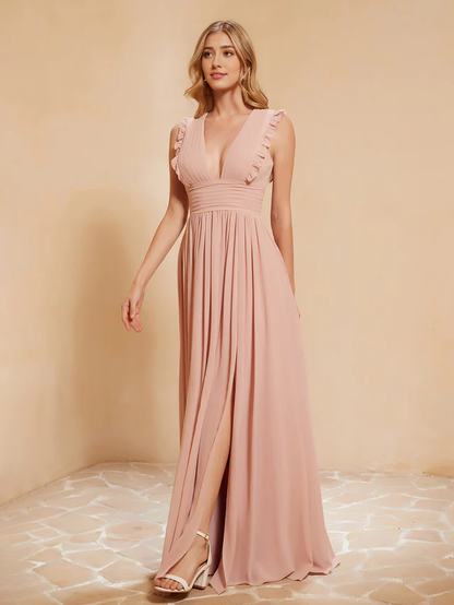 OKBBN deep V-neck ruffled pleated bridesmaid dress