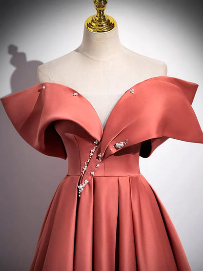 A-Line Off Shoulder Off Shoulder Satin Long Evening Dress Watermelon Red Long Formal Dress
