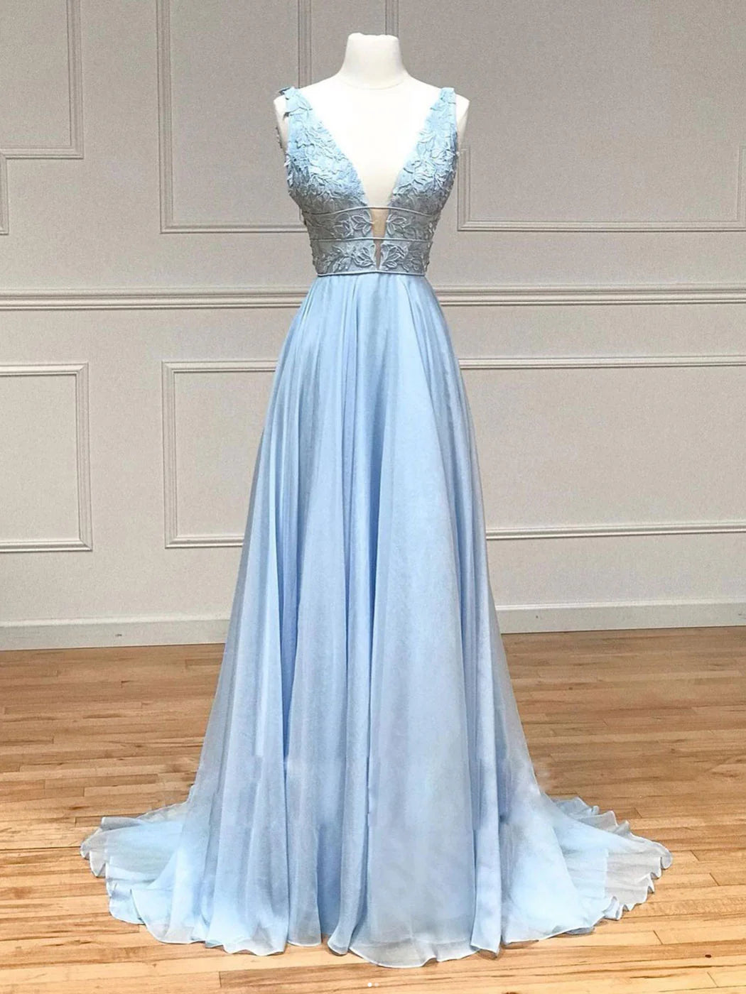 Blue v neck chiffon lace long prom dress blue prom dress