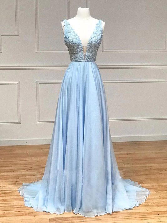 Blue v neck chiffon lace long prom dress blue prom dress