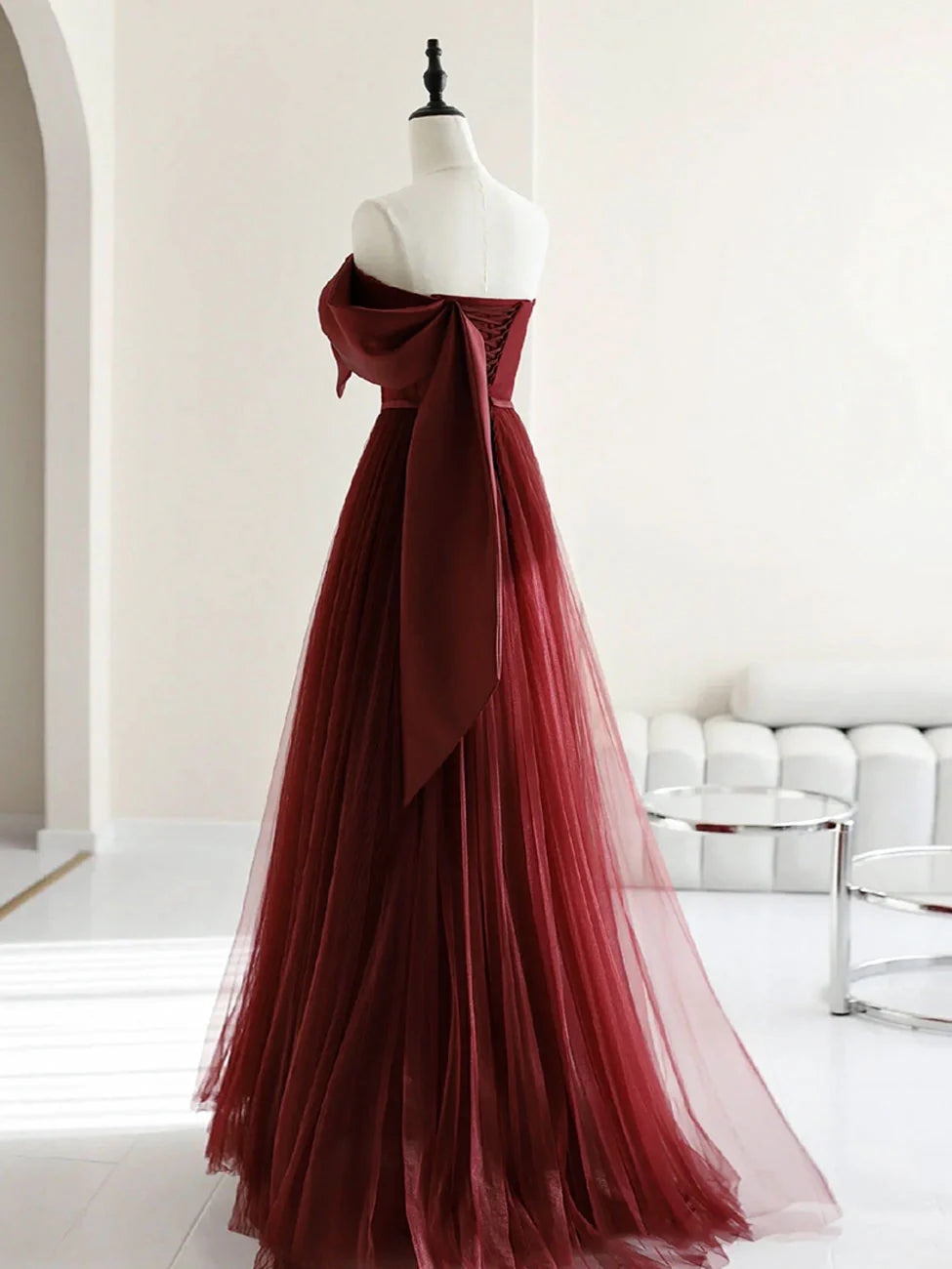 A-Line Tulle Burgundy Long Prom Dresses Burgundy Formal Evening Dresses