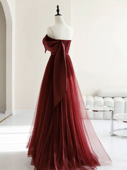 A-Line Tulle Burgundy Long Prom Dresses Burgundy Formal Evening Dresses