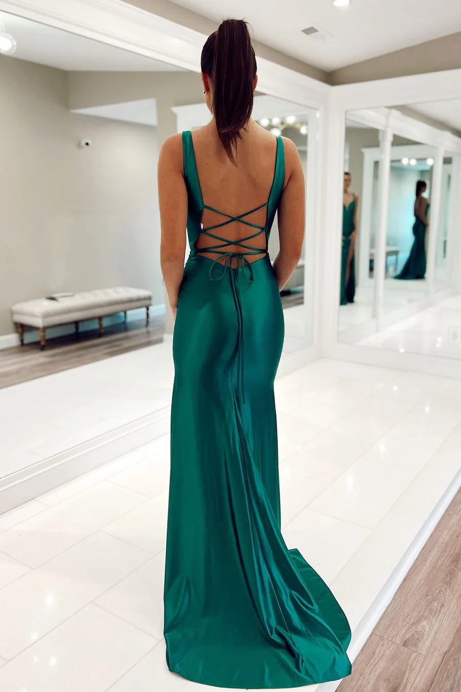 Teal Plunge V Lace-Up Mermaid Long Formal Dress