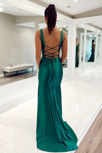 Teal Plunge V Lace-Up Mermaid Long Formal Dress