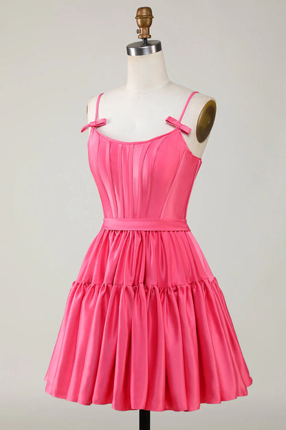 Fuchsia A Line Spaghetti Straps Corset Ruffle Homecoming Dress