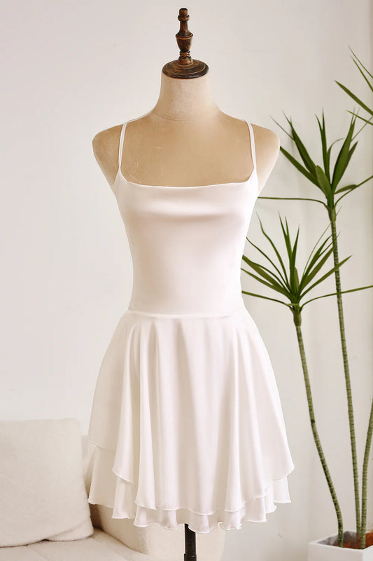 A Line Spaghetti Straps Backless Satin Swing White Short Graduation Dress