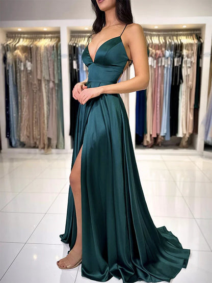 A-Line V Neck Dark Green Satin Long Evening Dress Dark Green Evening Dress