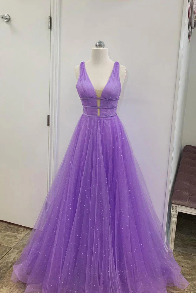 Purple v neck tulle long prom dress purple tulle formal prom dress