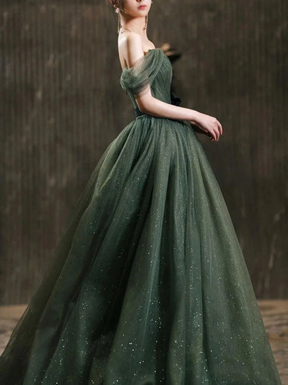 Simple green A line tulle off shoulder long evening dress green evening dress