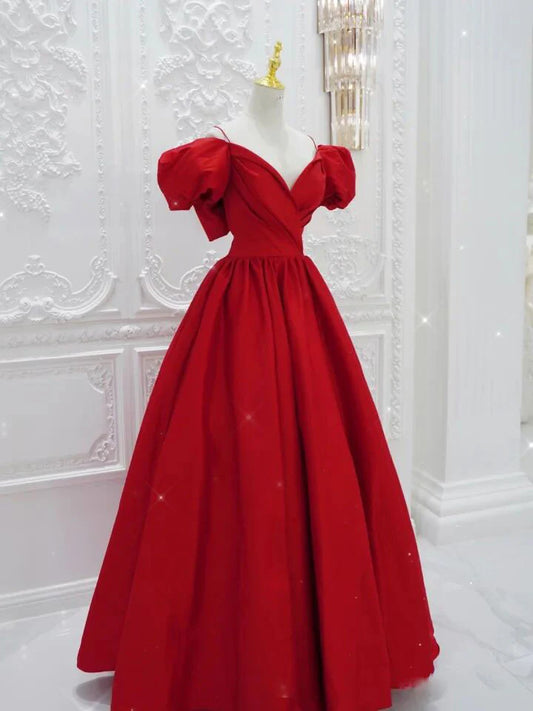 Red v neck satin long prom dress red prom dress